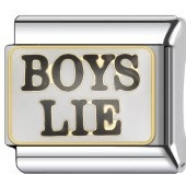Italian style stainless steel charm link with Boys Lie text in gold and black