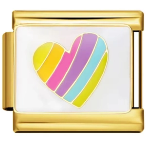 Detail of 18K gold modular bracelet link with a colorful rainbow striped enamel heart