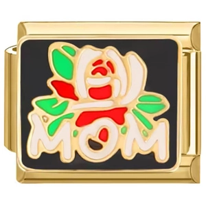 Modular bracelet link in 18K gold plated steel with black enamel MOM rose design