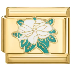 18K gold modular bracelet charm with white and green enamel flower design on stainless steel