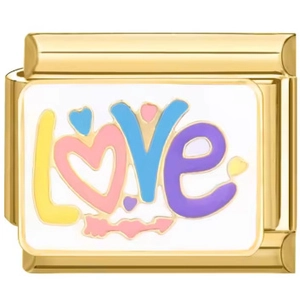 Modular stainless steel bracelet charm with 18K gold finish and colorful LOVE design