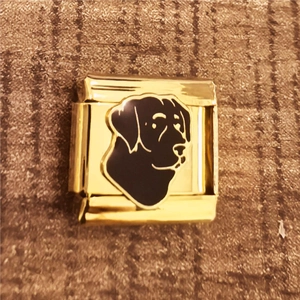 Detail of 18K gold Italian charm link with black enamel Labrador dog silhouette
