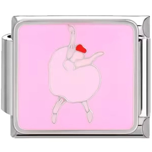 Dettaglio maglia charm italiano con ballerina in smalto rosa e cornice in acciaio inox