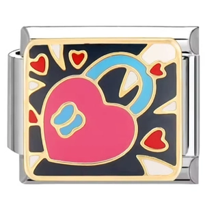Charm italiano con lucchetto a cuore rosa e cuoricini rossi su acciaio inossidabile