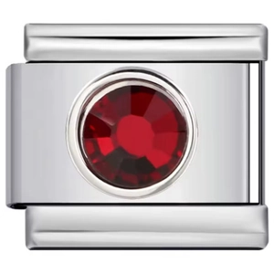 Classic stainless steel modular bracelet charm with a vibrant red round gemstone