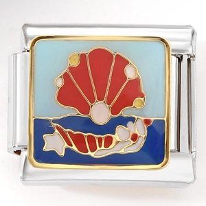 Maillon de bracelet italien avec coquille Saint-Jacques en émail rouge et perle en acier