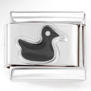 Italian charm link bracelet in stainless steel with a black enamel duck charm design