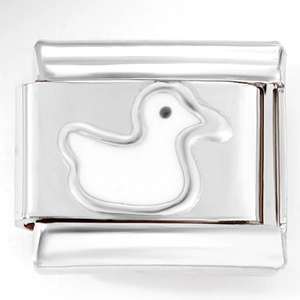 Close-up of stainless steel Italian charm bracelet link with cute white enamel duck