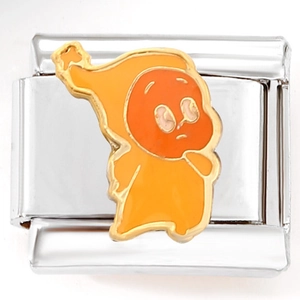 Close-up of stainless steel modular link with cute orange cartoon character charm