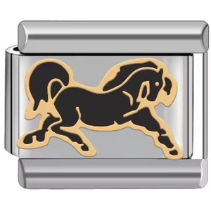 Detailed macro view of a silver Italian charm link with a black and gold horse motif