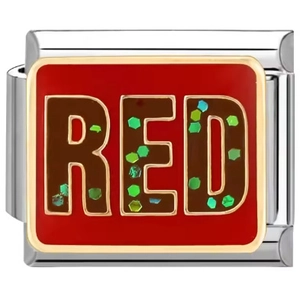 Italian modular charm in stainless steel with RED lettering and green sequins