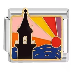 Italian modular charm in stainless steel featuring a sunset lighthouse beach design