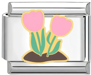 Detail of Italian charm link featuring pink enamel tulips on a stainless steel base