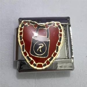 Italian charm bead in stainless steel with red heart, black lock, and gold letter R