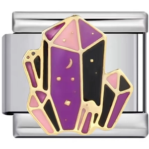 Macro shot of Italian style modular charm with golden crescent moon and starry crystals