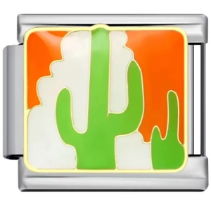 Detailed view of silver stainless steel Italian charm link with cactus enamel design