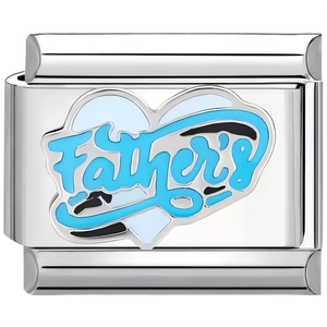 Maglia per bracciale italiano in metallo argentato con cuore blu e scritta Father's
