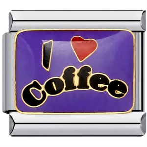 Vista macro di uno charm in smalto viola con design I Love Coffee per bracciale modulare