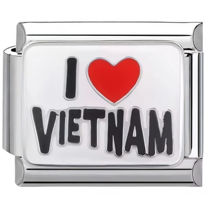 Detail eines modularen Armbandglieds mit I Love Vietnam Emaille-Design auf Edelstahl