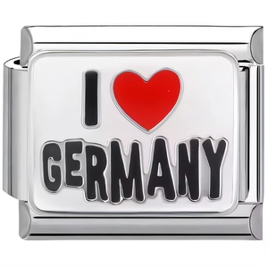 Detailaufnahme eines DIY Modul-Armband-Glieds mit I Love Germany Motiv aus Edelstahl