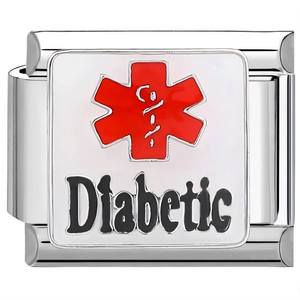 Italienisches Edelstahl-Armbandglied mit medizinischem Warnsymbol und Text für Diabetiker