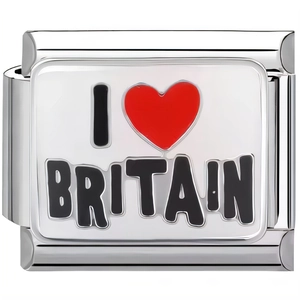Handgefertigtes Edelstahl-Modulararmband mit I Love Britain Herz-Anhänger