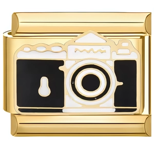 Detail-Makroaufnahme eines vergoldeten Kamera-Charms aus Edelstahl mit Emaille-Verzierung