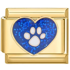 Italienisches Gold-Armbandmodul mit blauem Herz und weißem Pfotenabdruck-Motiv