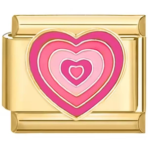 Nahaufnahme eines goldenen Italian Charms mit rosa herzförmigem Emaille-Muster
