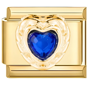 Detail eines italienischen Modularmband-Glieds mit goldenem Herz und blauem Stein