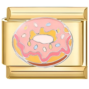 Makro-Detail eines goldenen Modul-Links mit pinkem Emaille-Donut-Charm für Armbänder