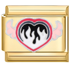 Detail eines italienischen Charm-Glieds aus Gold mit Herz- und Flammenflügel-Design