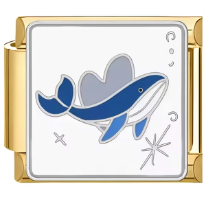 Makroaufnahme eines goldenen quadratischen Charms mit blauem Emaille-Wal und Herz