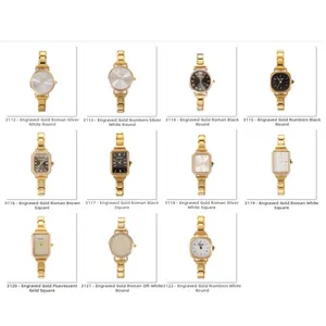 Detailansicht goldener Damen-Quarzuhren mit verschiedenen Zifferblättern und Metallarmband