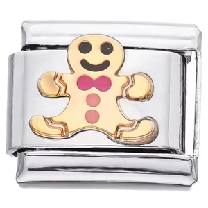 Maglia charm italiana con omino di pan di zenzero dorato su bracciale in acciaio