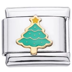 Dettaglio charm italiano in acciaio inossidabile con albero di Natale verde e stella oro