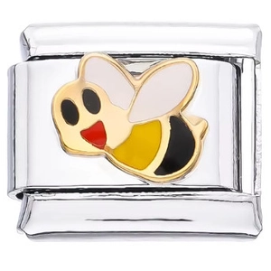 Close-up of a stainless steel Italian charm link featuring a yellow enamel honeybee design