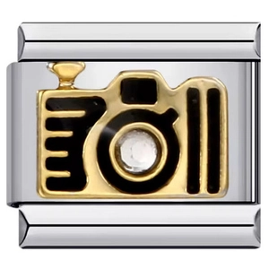 Detailed close-up of a stainless steel modular charm link featuring a camera design