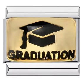 Macro view of stainless steel Italian charm with graduation cap and text detail