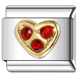 Detail of Italian charm link in polished stainless steel with golden heart and red crystals