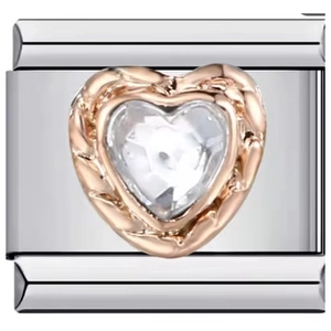 Close-up of heart-shaped modular bracelet link with rose gold edge and clear zircon