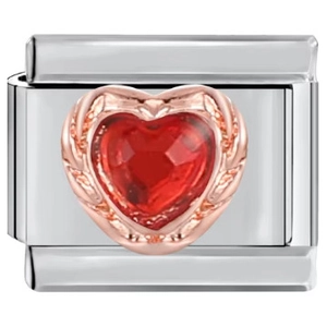 Close-up of Italian charm link featuring a red heart gemstone and rose gold frame