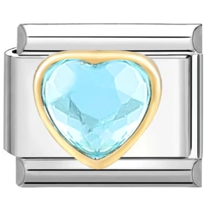 Detail of Italian style steel bracelet link with heart-shaped light blue gemstone
