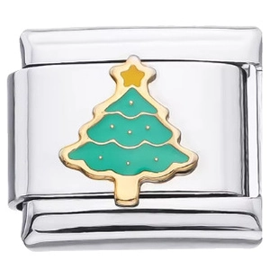 Maglia per bracciale italiano in acciaio inox con charm albero di Natale verde e oro