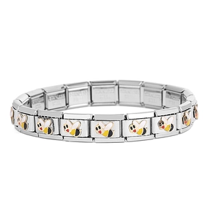 Makro-Detail von italienischen Charm-Armbandgliedern mit Bienenmotiven und Edelstahl-Finish