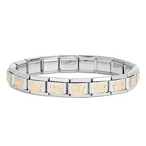 Detail eines italienischen Edelstahl-Modulararmbands mit goldenen Waliser Drachen