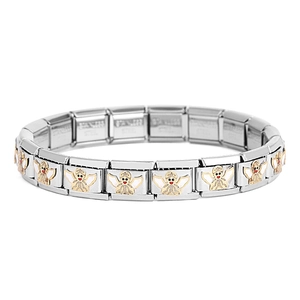 Nahaufnahme von italienischem Charme-Armband aus Edelstahl mit goldenen Engel-Motiven