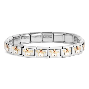 Detailsicht eines italienischen Modular-Armbands mit goldenen Schneemännern und Edelstahl