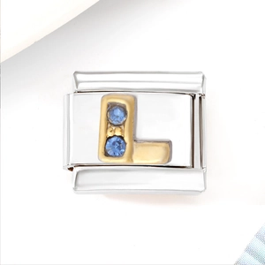 Italian charm link with gold letter L and blue zircons on stainless steel bracelet