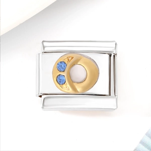 Detailed close-up of a stainless steel Italian charm link with blue zircon inlay